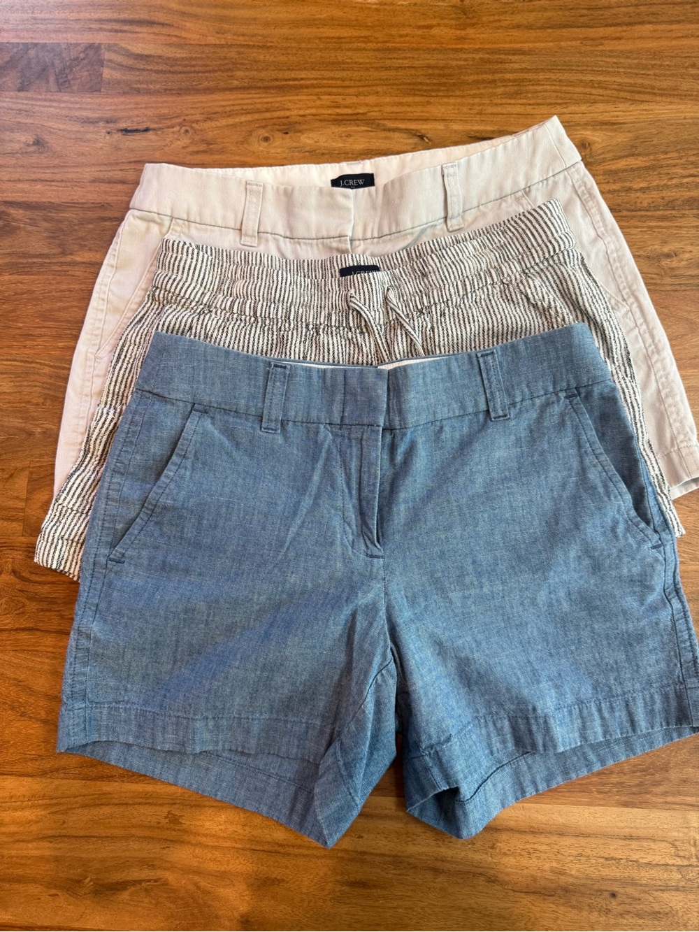 J. Crew Women’s Chambray Blue, Striped Navy & Cream Shorts Trio